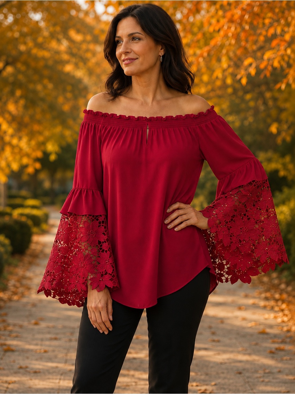 JOSEPH RIBKOFF Raspberry Red Floral Lace Bell Sleeve Blouse Size 6